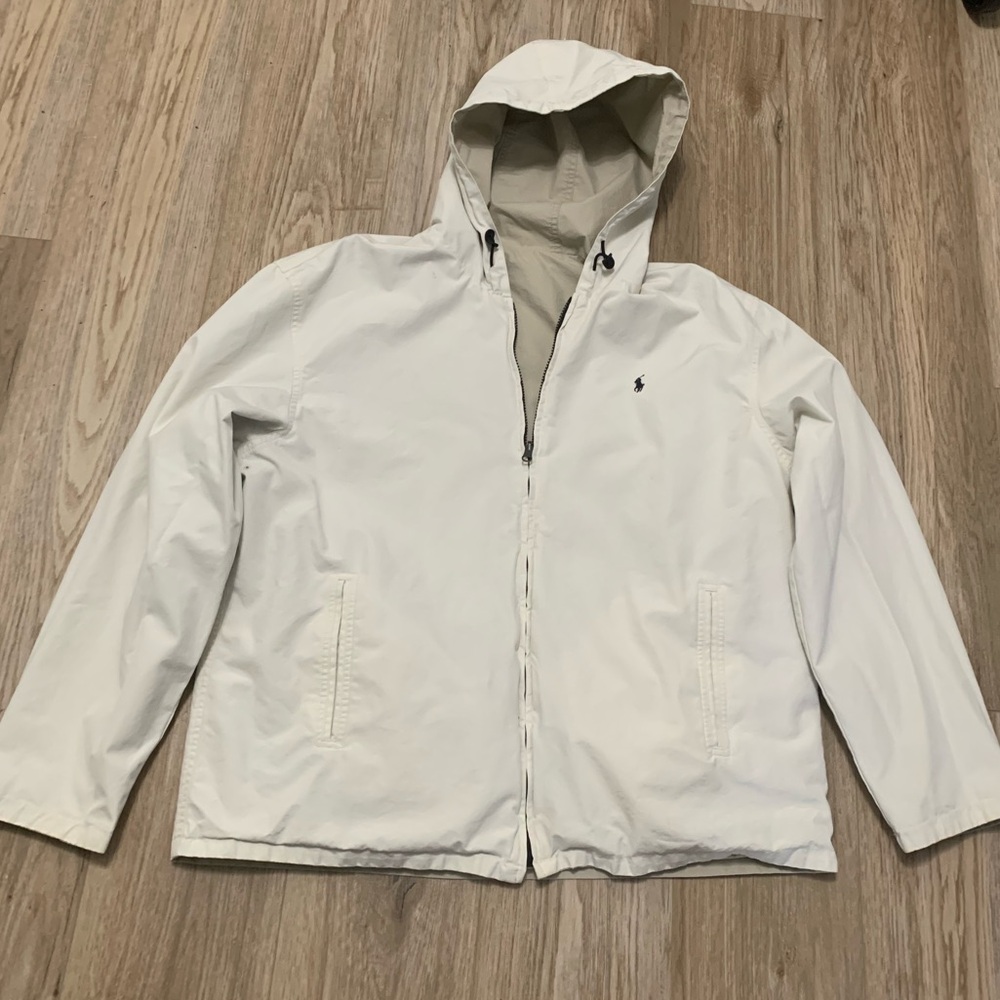POLO Ralph Lauren Reversible Vintage Windbreaker Hood Jacket Cotton Khaki MENS L